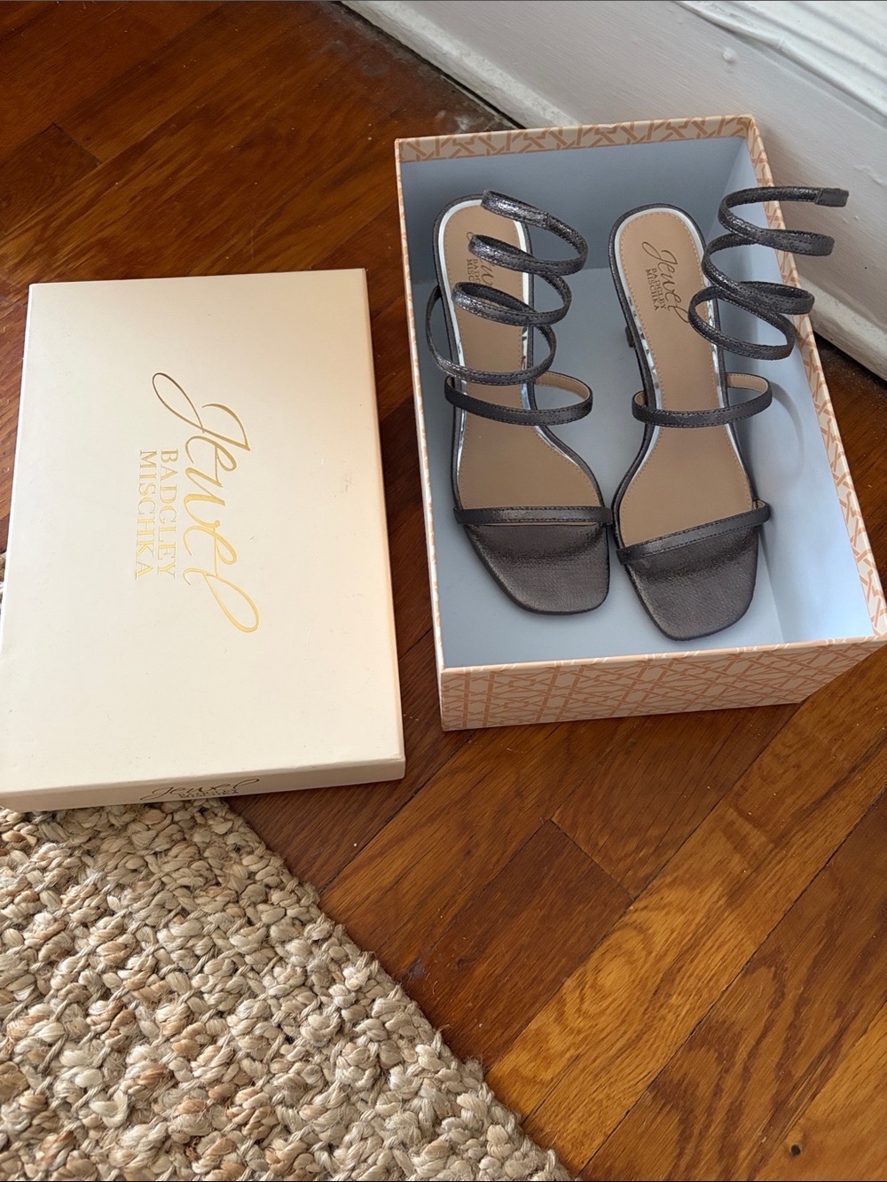 Never worn Jewel Badgley Mischka Metallic Charcoal Spiral-Strap Sandals